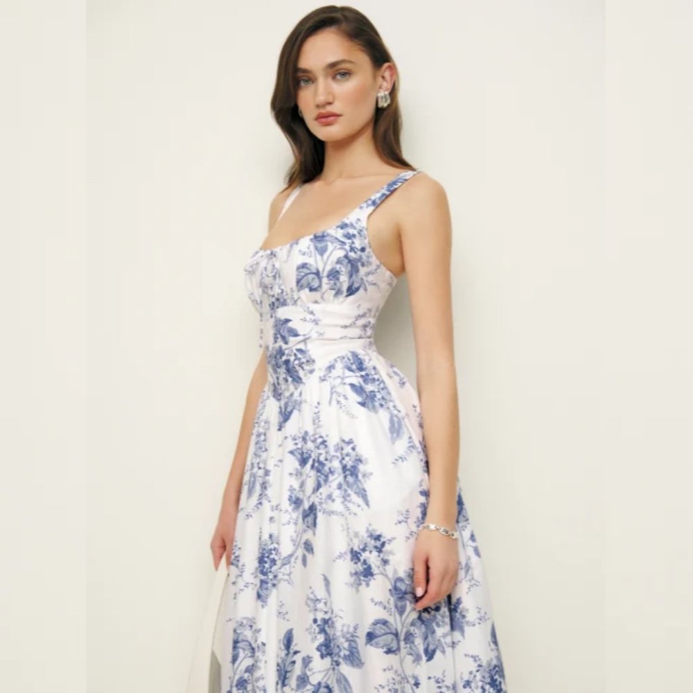 NWOT Reformation Balia Linen Dress in Lupine Blue White Floral Sleeveless